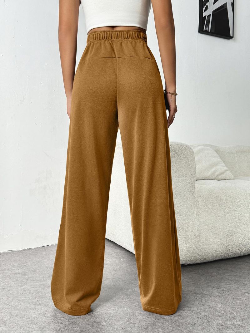 Nuovi pantaloni elastici in vita con tasche laterali, pantaloni della tuta larghi in pile spesso, taglio dritto, tinta unita, pantaloni lunghi da donna_voghion.com