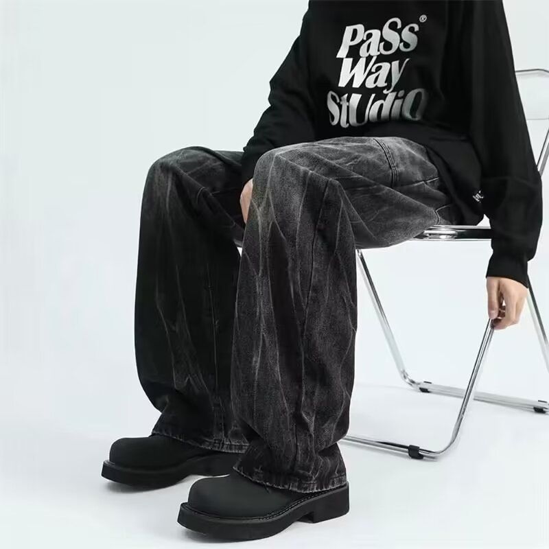 Jeans da uomo a gamba larga, stile retrò, lavati – Pantaloni in denim dritti e larghi (nero, blu, dalla S alla 3XL)_voghion.com