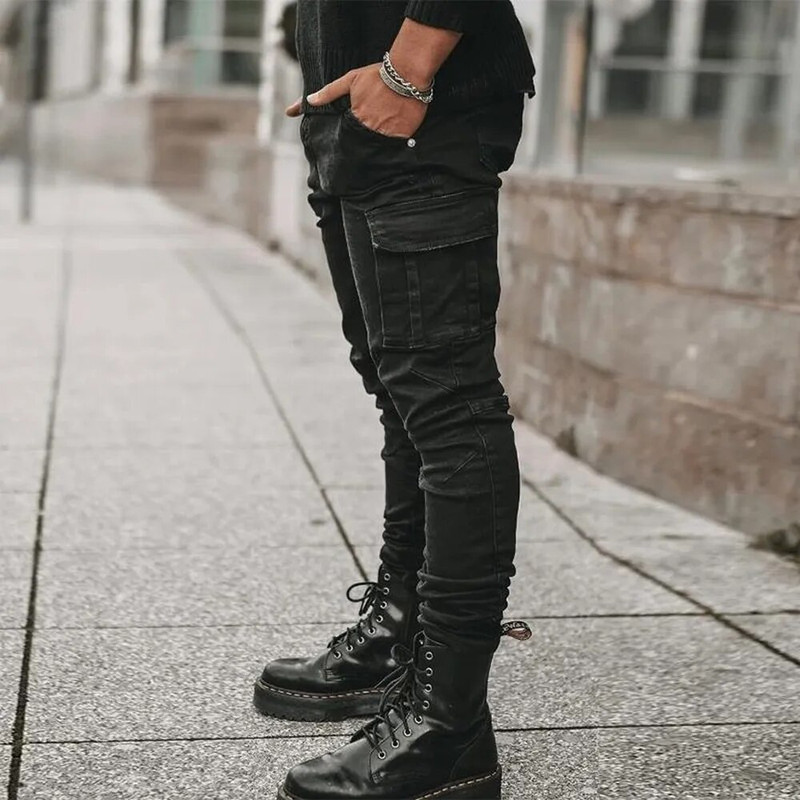 Straße Elastische Jeans Männer Denim Cargo Hosen Waschen Einfarbig Multi Taschen Casual Mittlere Taille Hose Slim Fit Täglichen Tragen Jogger_voghion.com