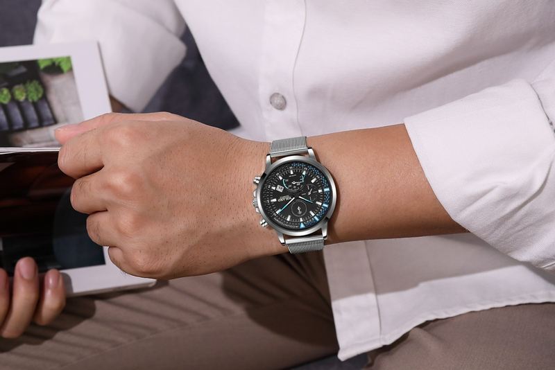 Blue and White Graduated Calendar Net Belt Fashion Fake Three Eyes Selection New Product Men's Watch_voghion.com