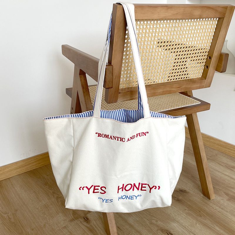 Borsa tote di grande capacità, con tracolla a righe anteriori e posteriori e ricamo testurizzato, in tela da college_voghion.com