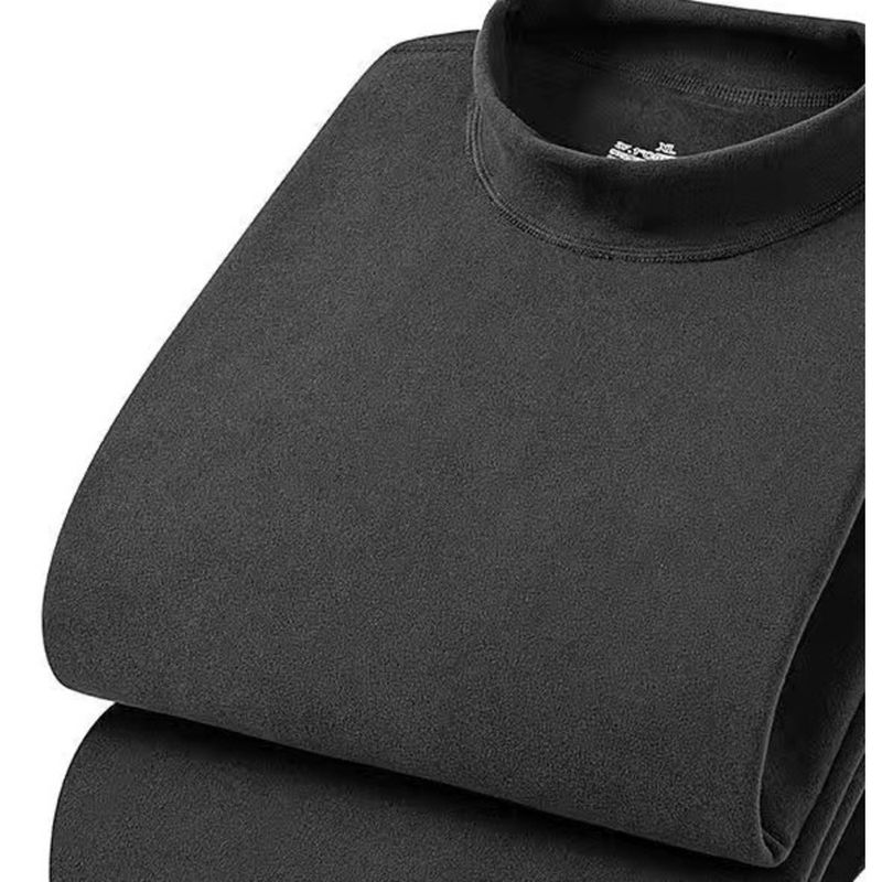 Double sided warm semi high neck with velvet long sleeved T-shirt pants set for men's autumn winter solid color base_voghion.com