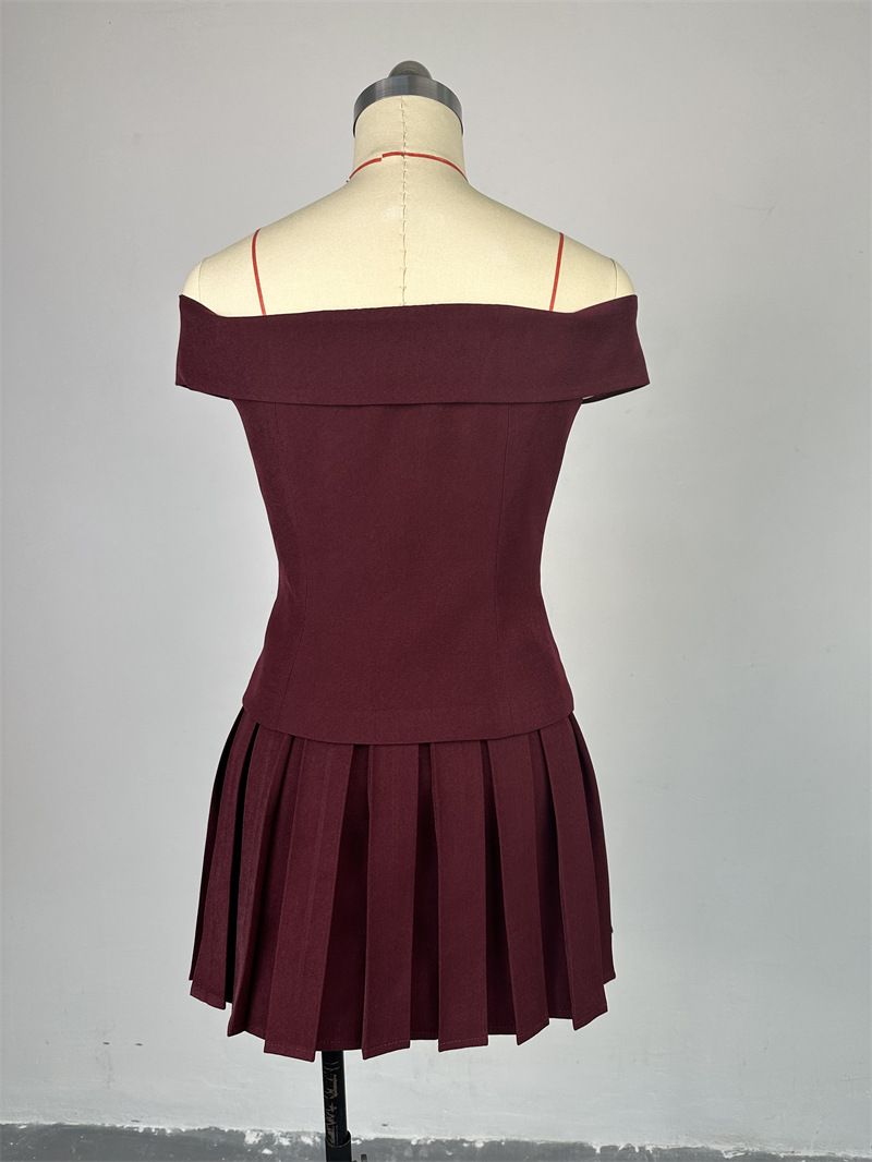 Dameskleding nieuwe mode off shoulder double breasted top geplooide rok pak_voghion.com