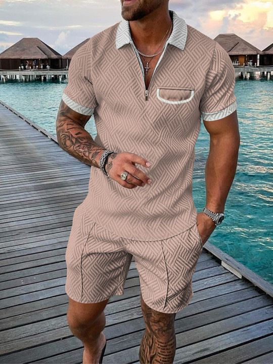 Lässiges bedrucktes Kurzarm-Poloshirt-Set für Herren, Sportbekleidung, bequem, atmungsaktiv, Reißverschluss am Hals, T-Shirt und Poloshirt_voghion.com
