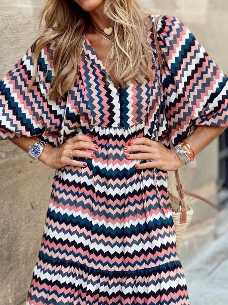 New popular geometric print bubble sleeve loose dress_voghion.com