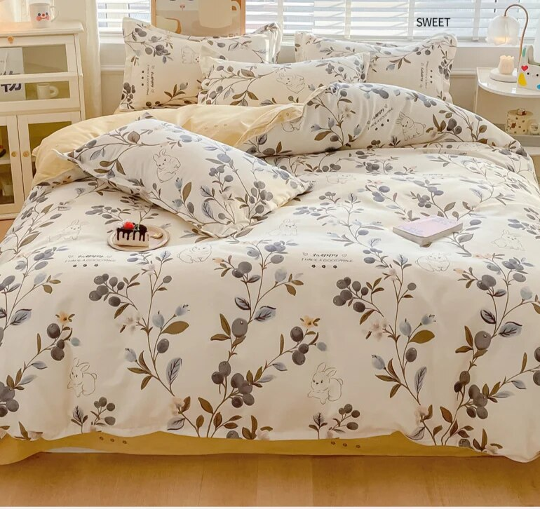 Quattro pezzi di biancheria da letto stampati in cashmere vegetale in stile pastorale estivo, lenzuola fresche per dormitori studenteschi, set da tre pezzi_voghion.com