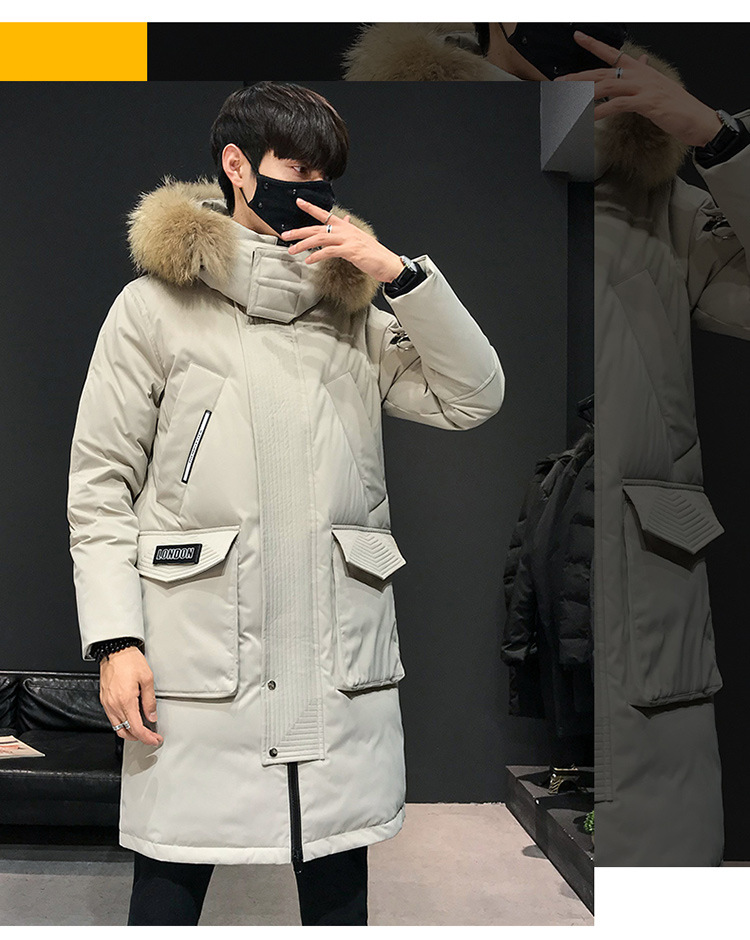 Herrenbekleidung 2024 Neue Winter-Daunenjacke für Herren, lang, verdickt, warm, großer Pelzkragen, trendiger, lockerer weißer Entendaunenmantel mit Kapuze_voghion.com