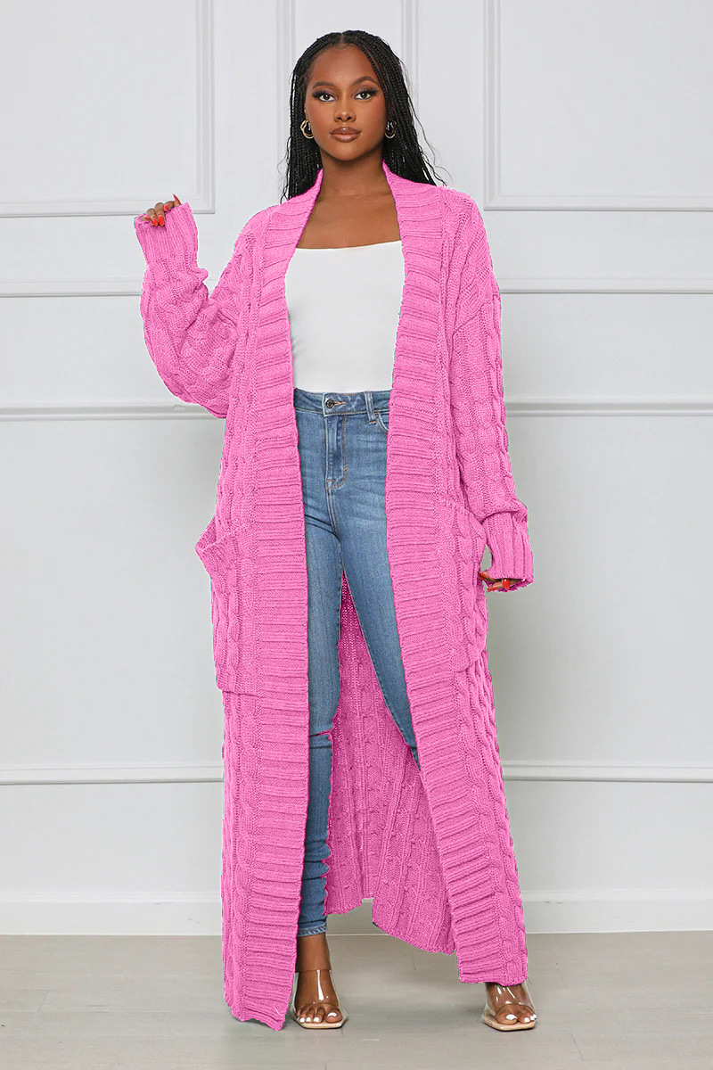 Damenbekleidung Locker gestrickte Strickjacke, gemütliche, übergroße Strickjacke mit Taschen, langer Zopfmuster-Pullovermantel, lockerer Boho-Chic, offene Vorderseite_voghion.com