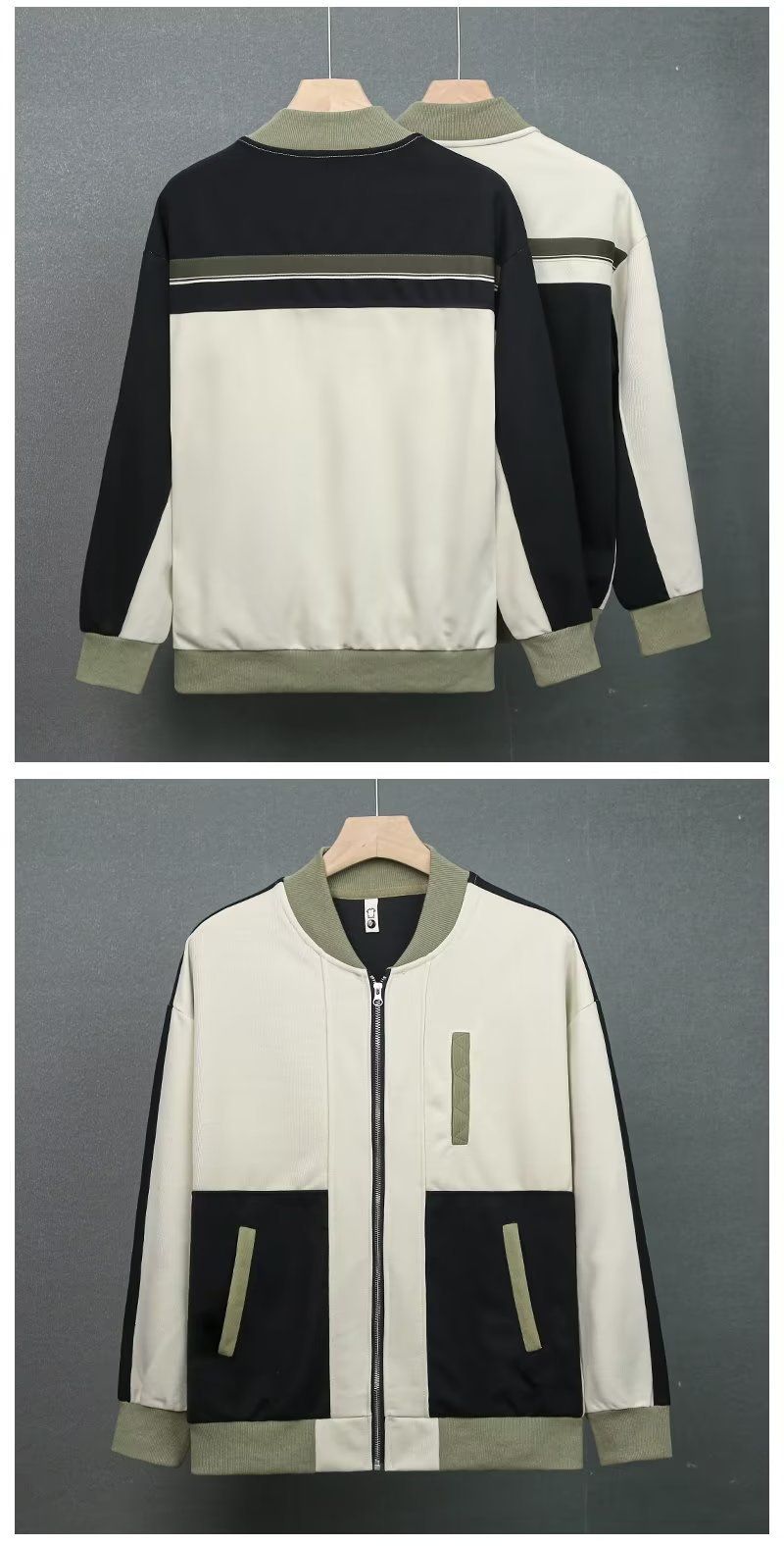 "Japanese-Inspired Men's Contrast Trim Zip-Up Jacket – Oversized Fit, Black/Grey/Apricot (M-3XL)"_voghion.com