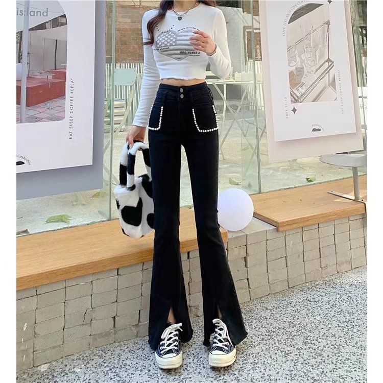 Schlaghose für Damen, mit hoher Taille im Hong Kong-Stil und schlankmachendem Effekt. Schicke Slim Fit-Jeans für Damen 2022 mit Doppelknopf_voghion.com