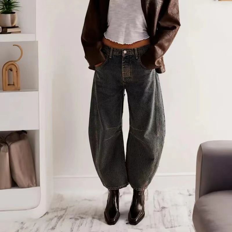 Damkläder, lösa jeans med hög midja, smala stretchiga haremsbyxor Hot Girl Style Byxor med vida ben_voghion.com