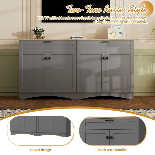 ON-TREND 3-Piece Farmhouse Entertainment Center With Storage Cabinet For TVs Up To 70', Mid-Century TV Stand With Bookshelf, Rustic Versatile Sidebo_voghion.com