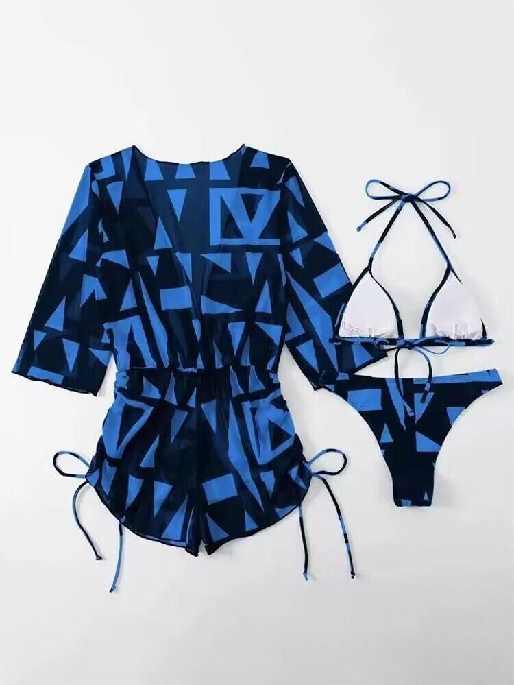 Damenbekleidung Langärmliger dreiteiliger Bikini-Badeanzug mit Netzstoff in der Taille und Kordelzug, bedruckt, geteilt_voghion.com