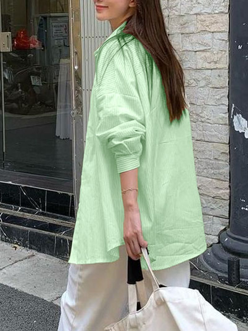 Women's Oversized Long Sleeve Shirt – Soft Cotton-Polyester Blend | Wrinkle-Free Striped Button-Up For Casual & Travel"_voghion.com