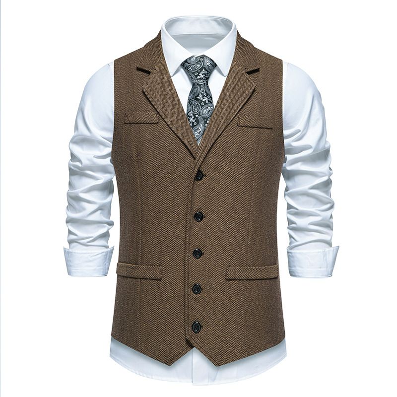 Herrenbekleidung Neue Herren Fischgräten-Tweed-Anzugweste Retro Einreihige Weste Herrenjacke_voghion.com