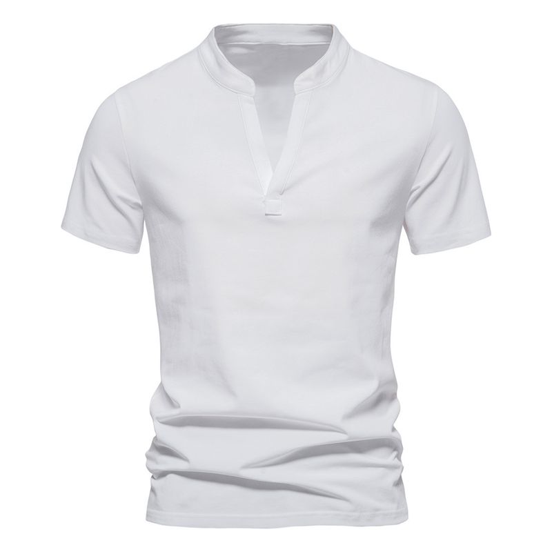 2025 New Men's Deep V-neck Short Sleeved Elastic Base Shirt Summer Small Stand Up Collar T-shirt Top_voghion.com