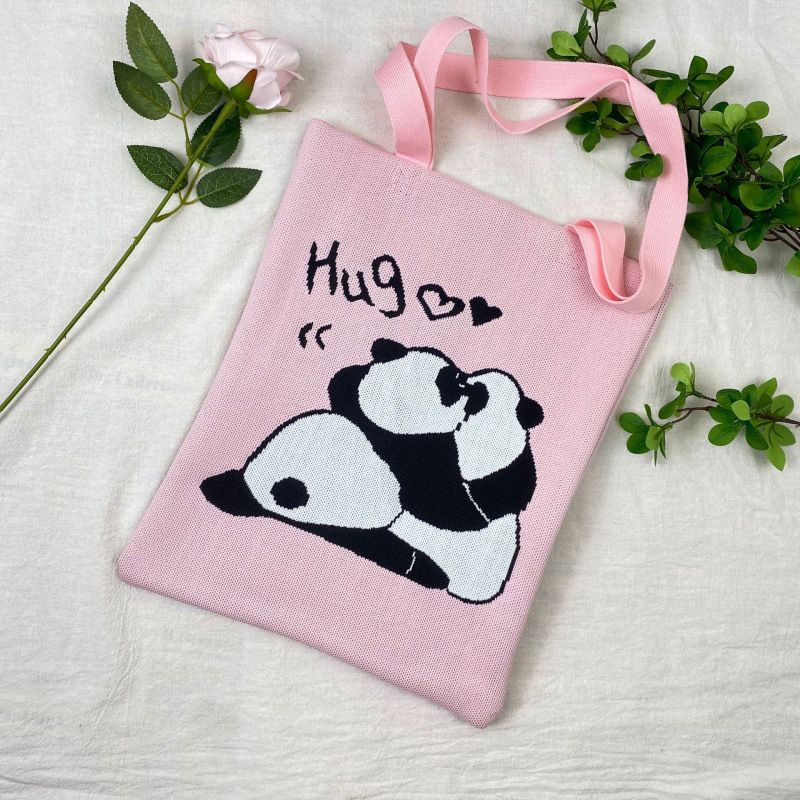 Borsa a mano da donna lavorata a maglia a forma di panda dei cartoni animati, grande capacità, tracolla versatile, borsa a secchiello carina_voghion.com