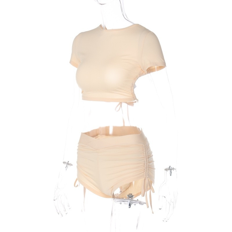 008 Short Sleeve Solid Color Drawstring Shorts Two Piece Sets Womens Summer Outifits_voghion.com