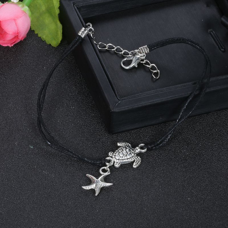 New Bohemian minimalist black line alloy turtle and starfish ankle chains_voghion.com