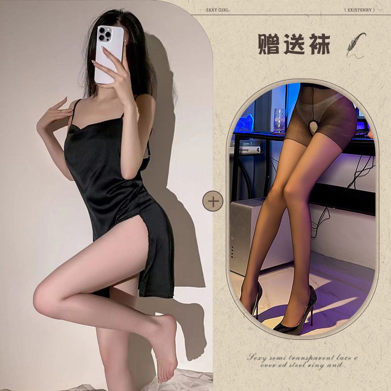 Langpinheng Sexy per donne in pura seta traforata liscia da indossare in casa, lingerie erotica, camicia da notte con spalline calde_voghion.com