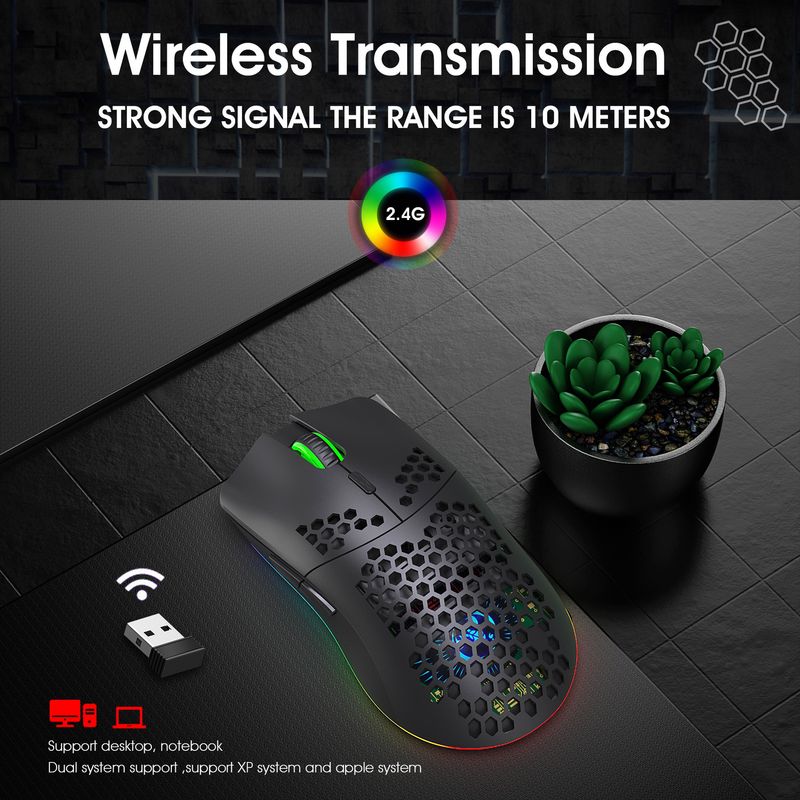T66 Hole 2.4G brezžična miška Lahka zasnova Cellular RGB Glow 6-Key Mouse Patch_voghion.com