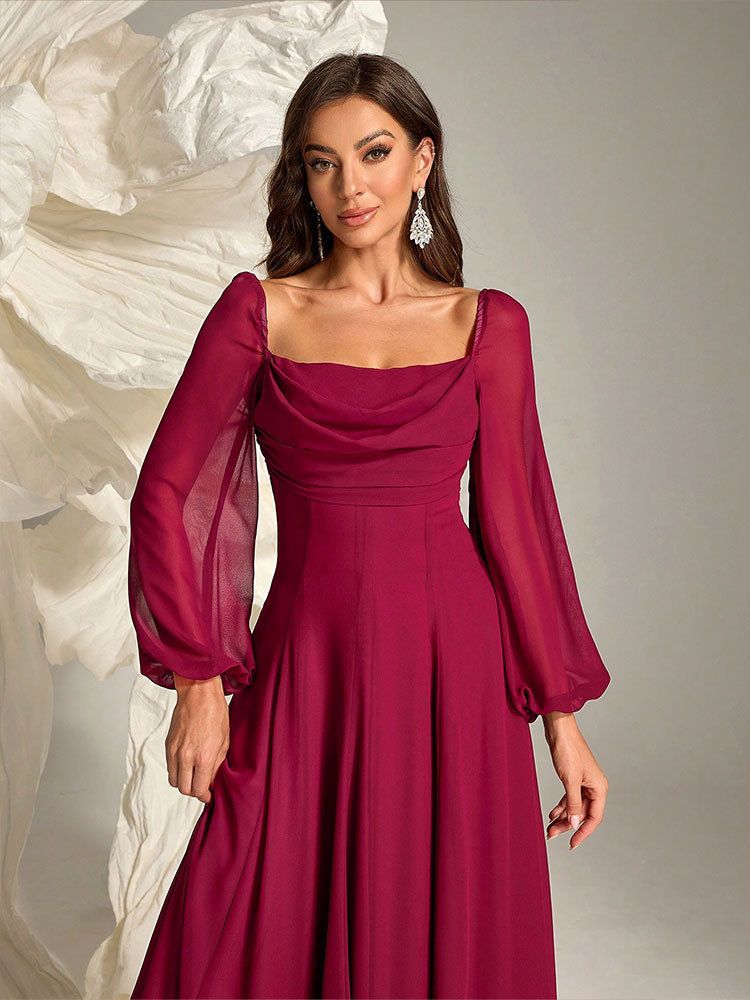 Vestido de noite feminino em chiffon bordô com mangas lanterna, elegante vestido de festa em corte A com cintura alta para banquetes e ocasiões formais_voghion.com