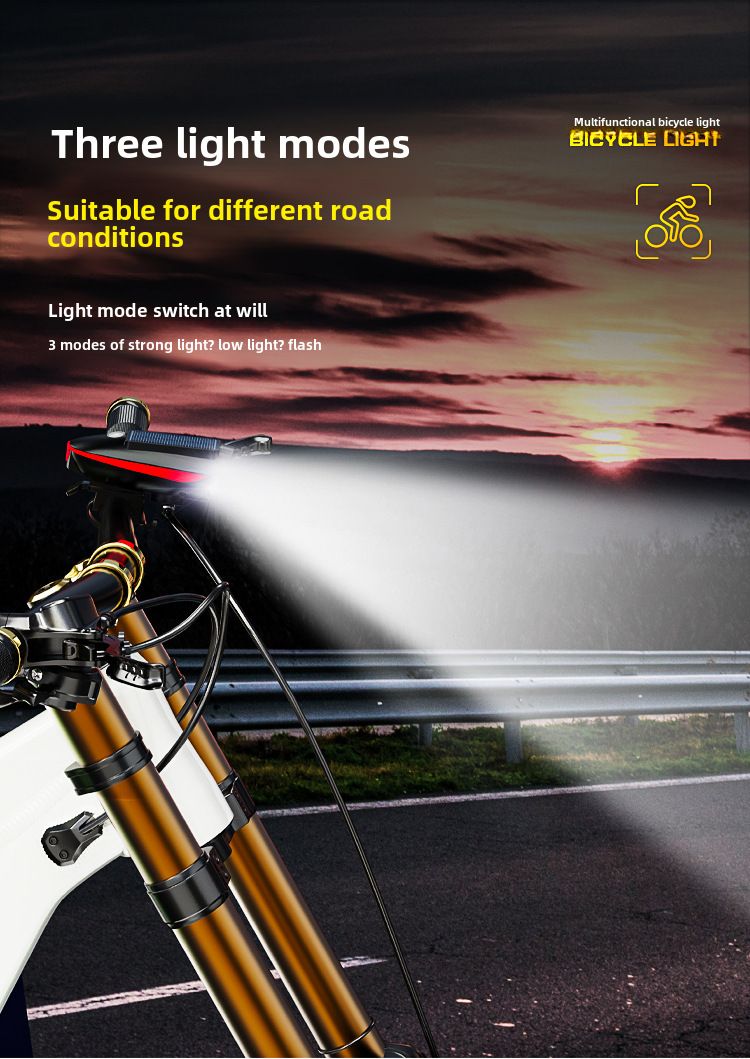 Luz de bicicleta con carga solar Luz de conducción Luz de bocina potente Linterna para equipo de exterior Faro de bicicleta_voghion.com