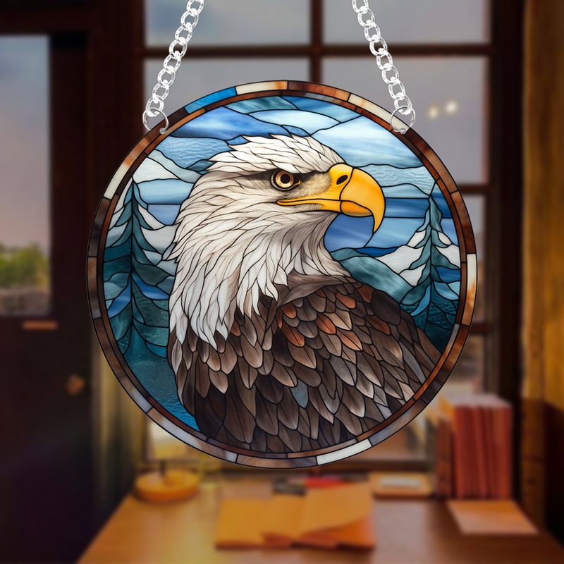 Pendentif attrape-soleil en acrylique imprimé recto verso en forme d'aigle léopard animal avec chaîne et ventouse_voghion.com