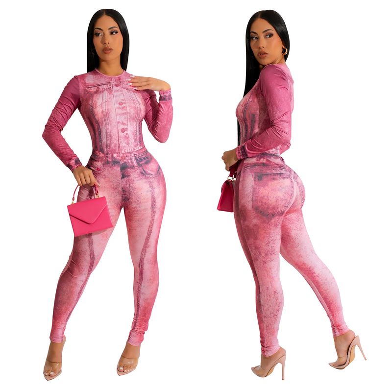 Roupas femininas macacão sexy justo estampado terno de duas peças_voghion.com