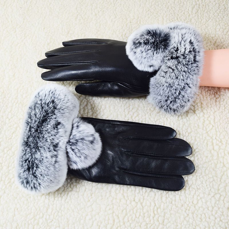 2020 Korean Version Rex Rabbit Fur Sheepskin Women Winter Warm Touchscreen Outdoor Split-Finger Genuine Leather Gloves_voghion.com