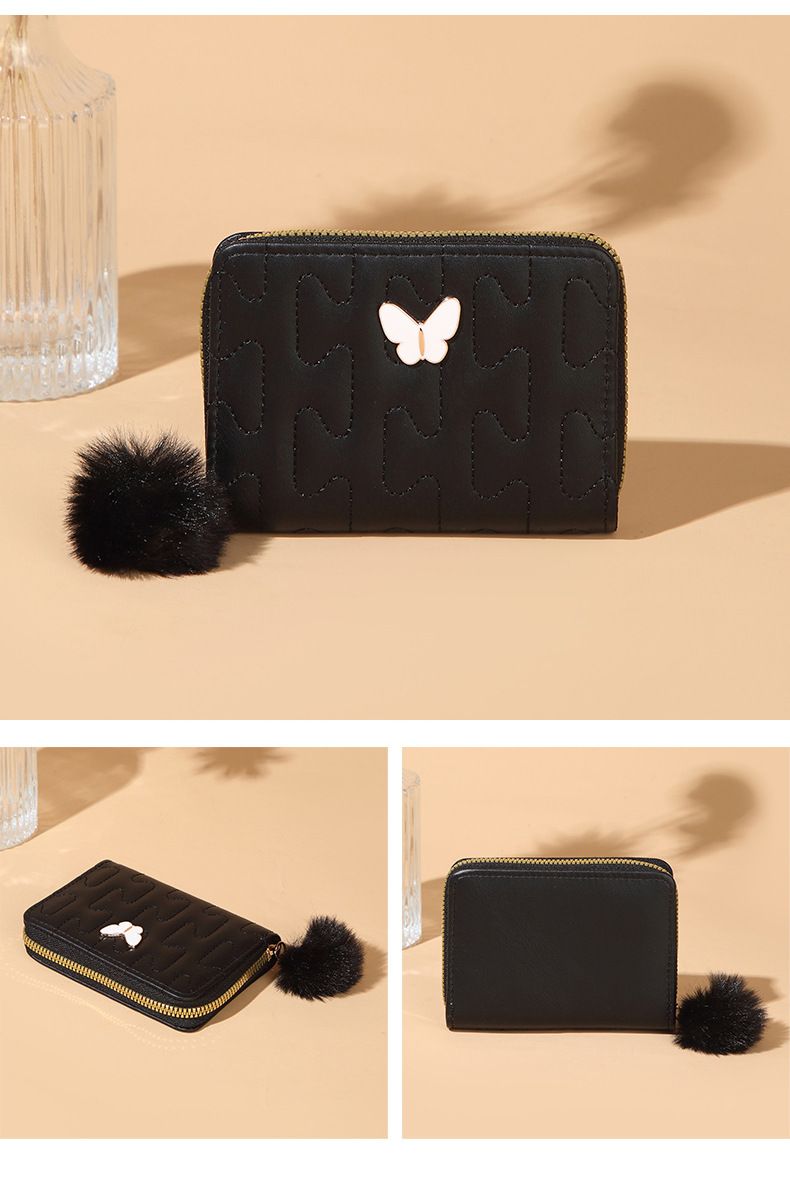 Women's Quilted Women's Wallet With Zipper & Fur Ball - Short Purse With Butterfly Charm (Minimalist & Versatile)_voghion.com