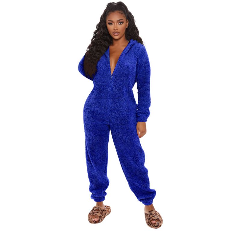 Women's Autumn And Winter Fleece Thickened Fluffy Jumpsuit Home Hooded Bear Pajamas_voghion.com