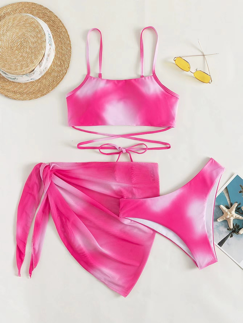 Abbigliamento da donna Costume da bagno bikini tie-dye con gonna a rete e spacco in tre pezzi_voghion.com