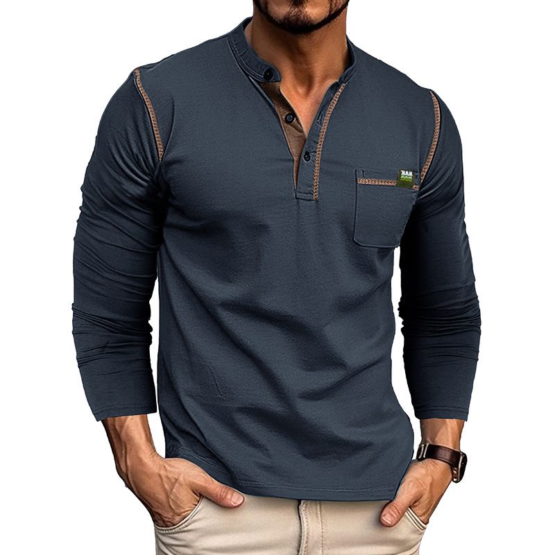 Maglietta da uomo a maniche lunghe Henry Shirt Color Block Knit Tee da uomo_voghion.com