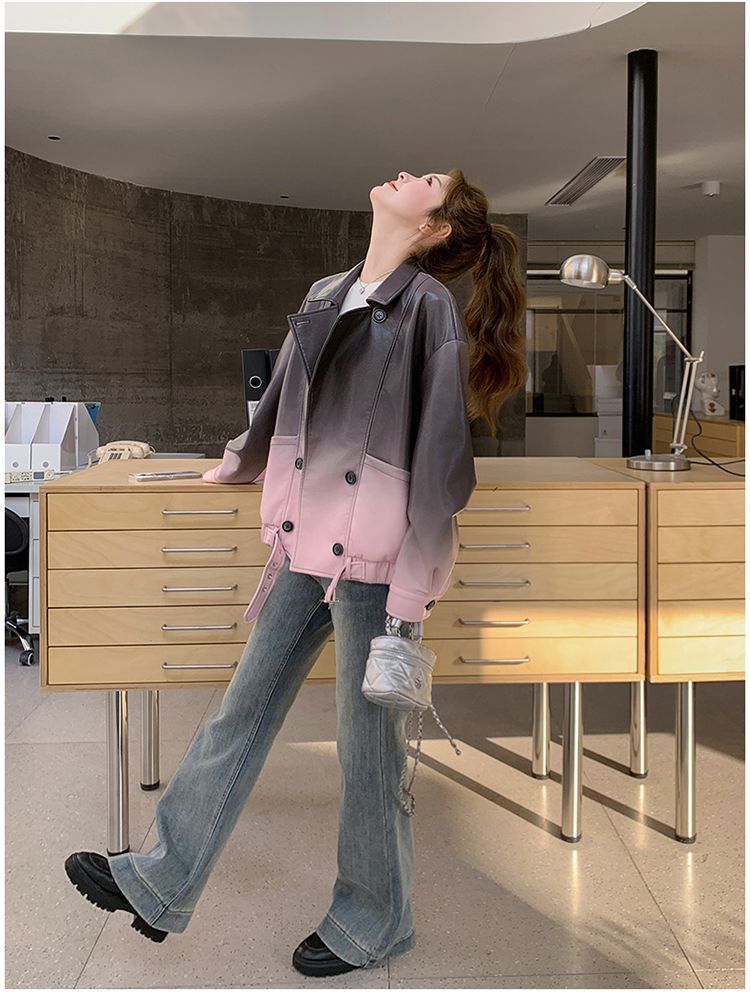 Giacca in pelle PU alla moda in stile coreano, taglia piccola, primavera 2025, grigio sfumato rosa per donna_voghion.com