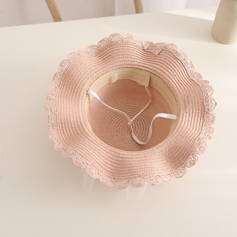 Moda Bambini Ragazze Tesa Larga Paglia Intrecciata Protezione Solare Cappello da Spiaggia Pizzo Perla Estate Floppy Bucket Cap Borsa Portatile панама_voghion.com