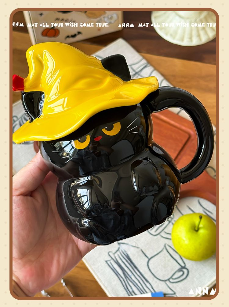 Keramikbecher mit Geisterkatzenmotiv und Deckel – Wasser für Frauen – Neu 2025 – Hochwertiger Becher – Geschenkidee für Zuhause_voghion.com