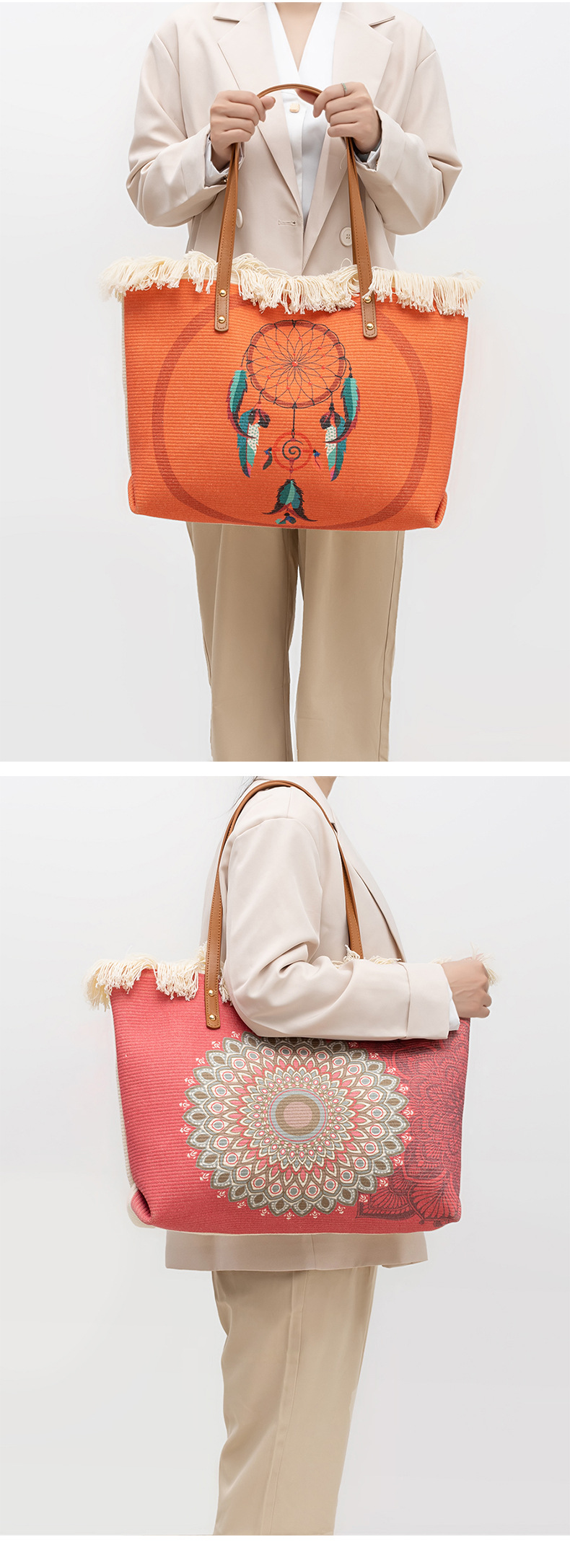 ENSPT commuter shoulder bag European and American cross-border printed tote bag niche design Bohemian canvas women's bag_voghion.com