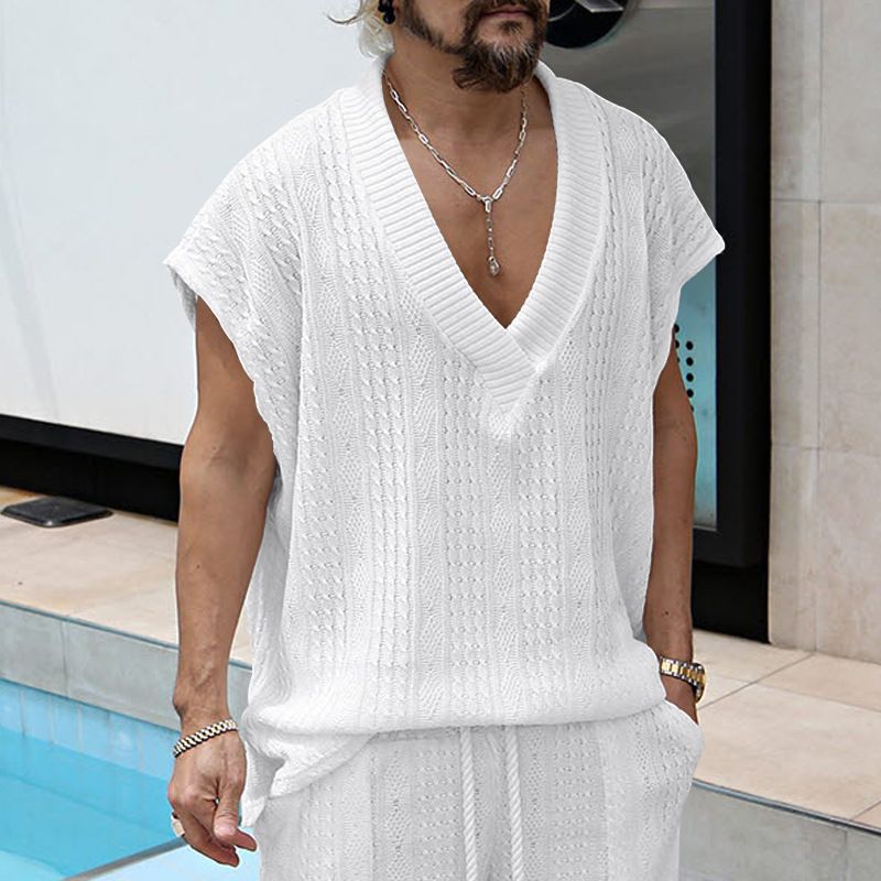 Summer New Oversized Men's Casual Large V-Neck Loose Jacquard Knit Vest_voghion.com