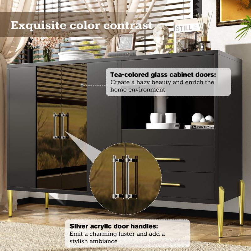 Credenza Schwarz Mit Tealfarbener Glastür, Kristallgriffen, Goldene Beine_voghion.com