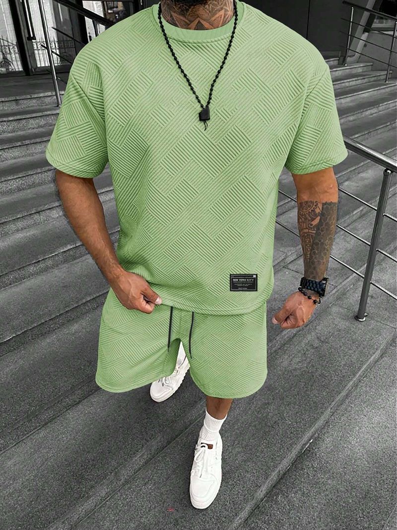 Men's Clothing Summer New Casual Suit Men's Short Sleeved Shorts Suit Solid Color Textured T Shirt Shorts Suit_voghion.com