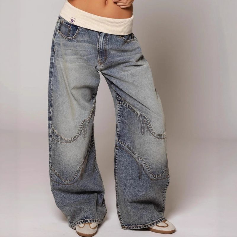 Jean bleu délavé style rétro américain pour homme et femme, coupe droite et ample, style décontracté_voghion.com