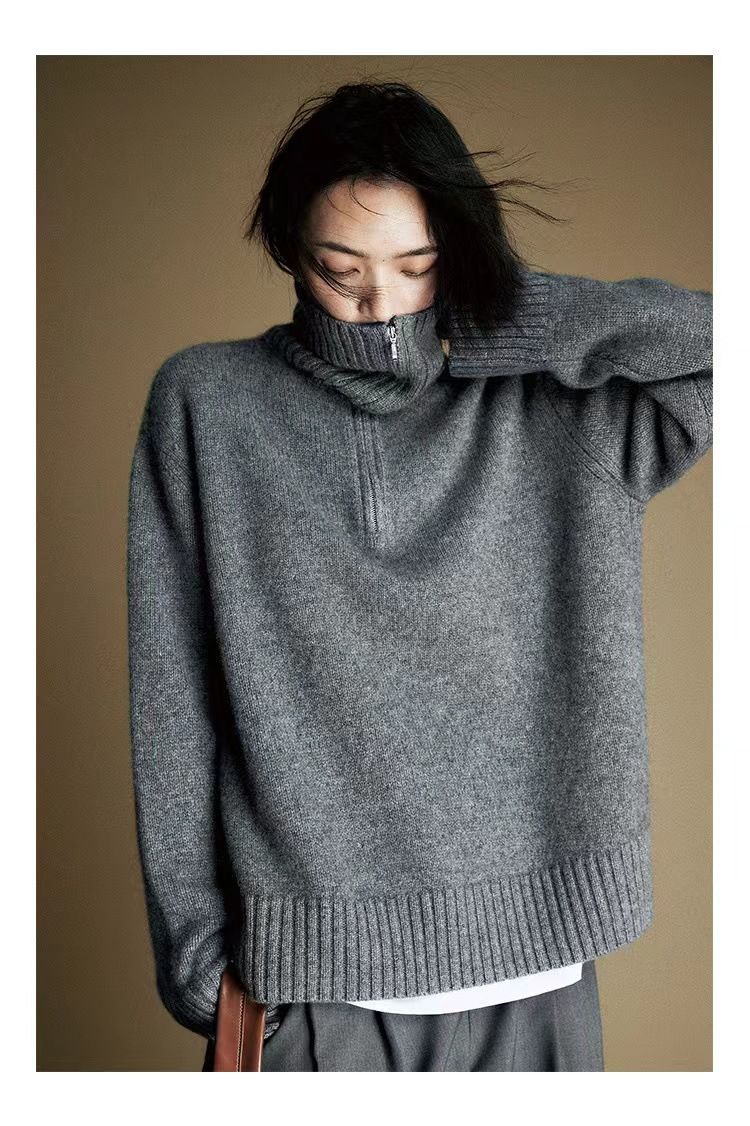 25 Autumn Winter Lazy Wool Women Half Zipper Turn-down Collar Sweater New Thickened Niche Knitted Top Loose Fit_voghion.com