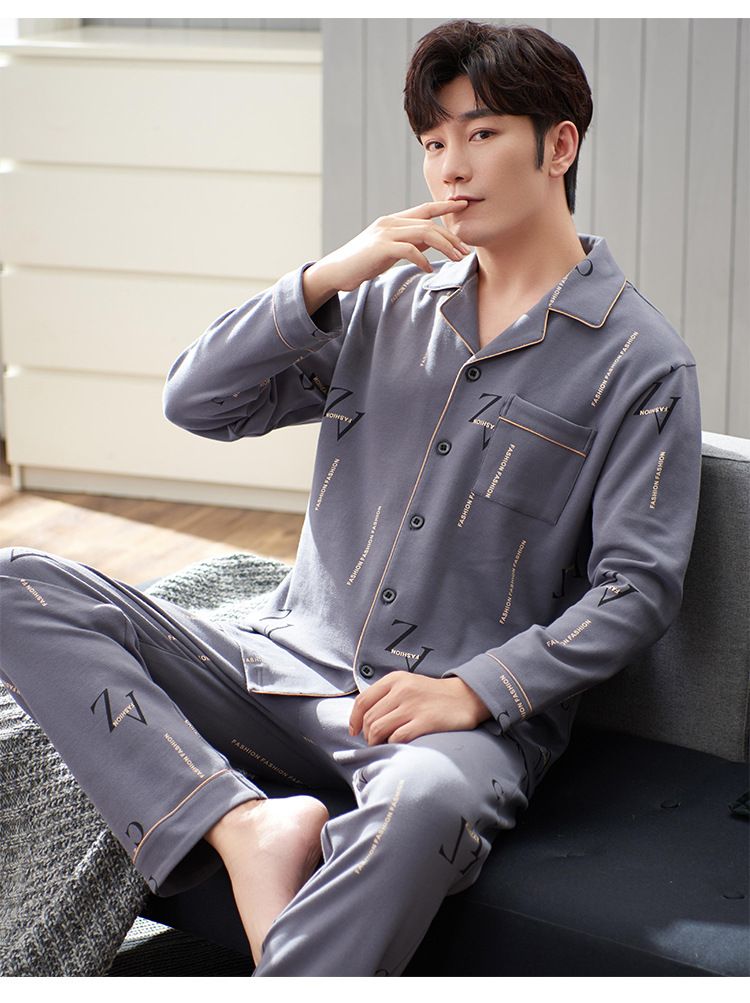 Pijamas de algodão primavera e outono calças de manga comprida 2024 novo conjunto de mobiliário doméstico grande de meia-idade masculino_voghion.com