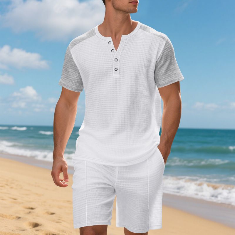 Summer Plus Size American Style Loose Waffle Beach Henley Shirt Short Sleeve Shorts Casual Set For Men_voghion.com
