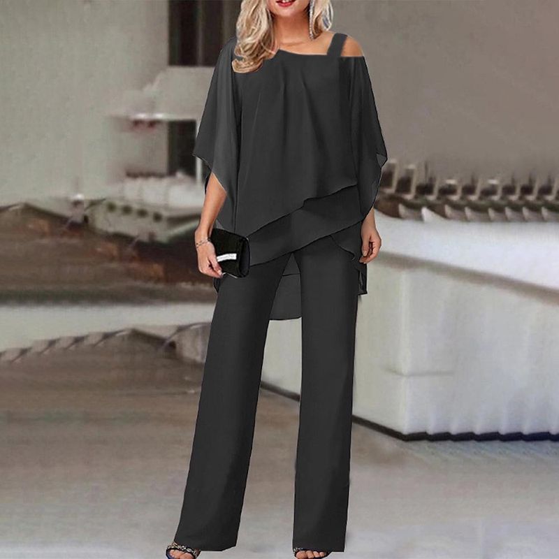 Elegante completo con camicetta e pantaloni con maniche a pipistrello - Completo da festa asimmetrico con spalle scoperte per donna_voghion.com