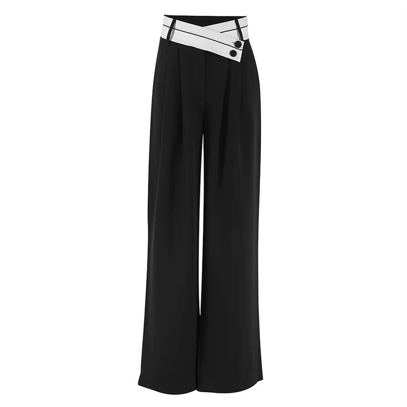 Damenbekleidung Hohe Taille Temperament Elegante Kontrastfarbe Kreuz Taille Weite Beinhose_voghion.com