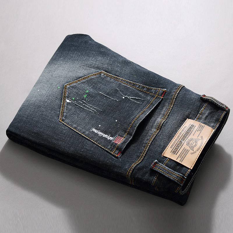Men's Slim Fit Stretch Jeans – Distressed Embroidered Straight-Leg Denim Pants With Paint Splatter & Patchwork (28-38)_voghion.com
