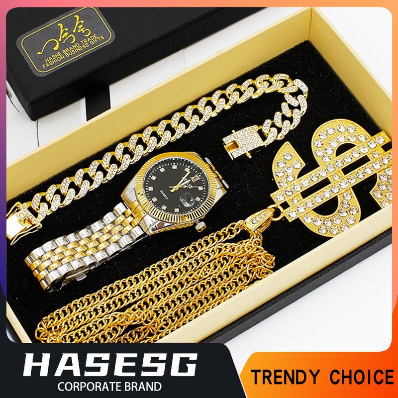 Set regalo da uomo con orologio da polso al quarzo, grande collana e bracciale con intarsi di diamanti_voghion.com