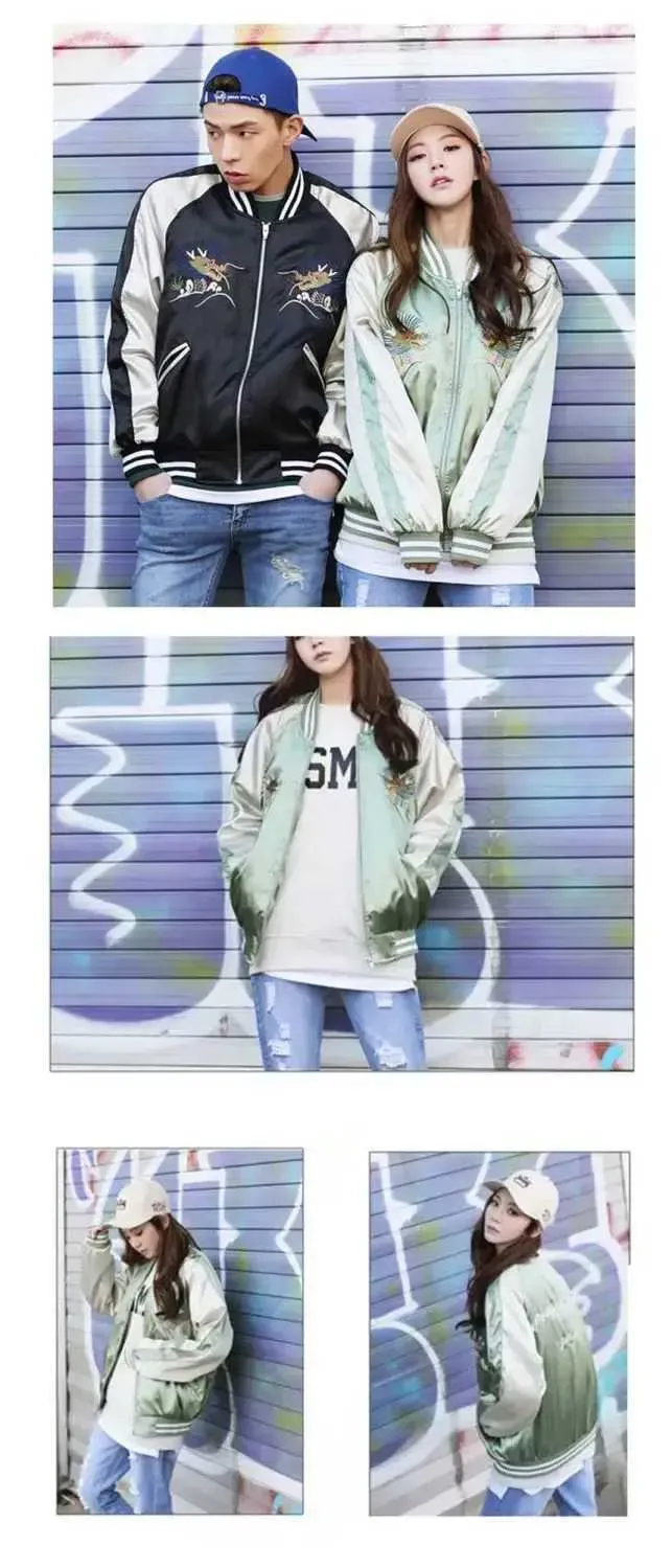 Japanese Varsity Jacket, Embroidered Style: Men's Satin Bomber With Dragon Design, Haruku Inspired, Double Zipper,_voghion.com